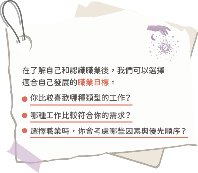 想一想自己喜歡哪種類型的工作？哪種工作比較符合你的需求？會考慮哪些因素與優先順序？了解自己和認識職業後，可以選擇適合自己發展的職業目標